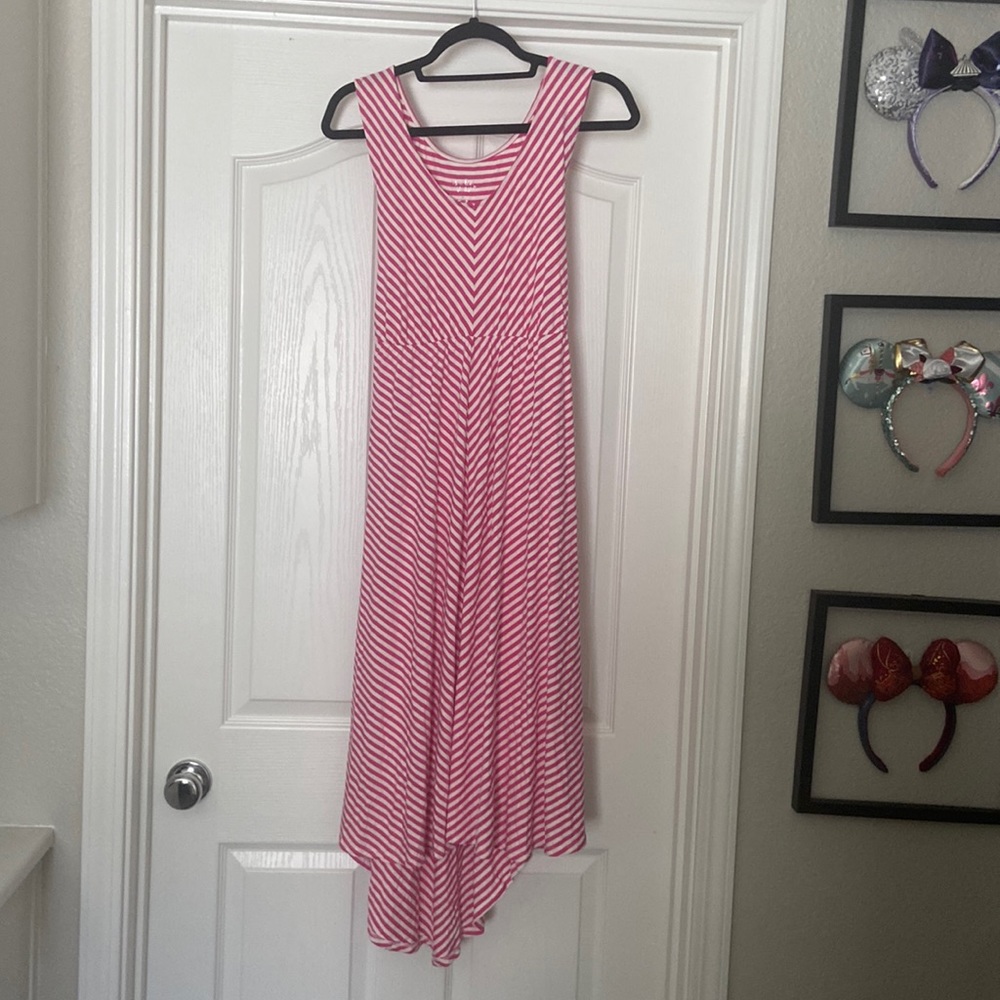 Almost brand new maternity dress. Pink and white stripes with a high/low design.